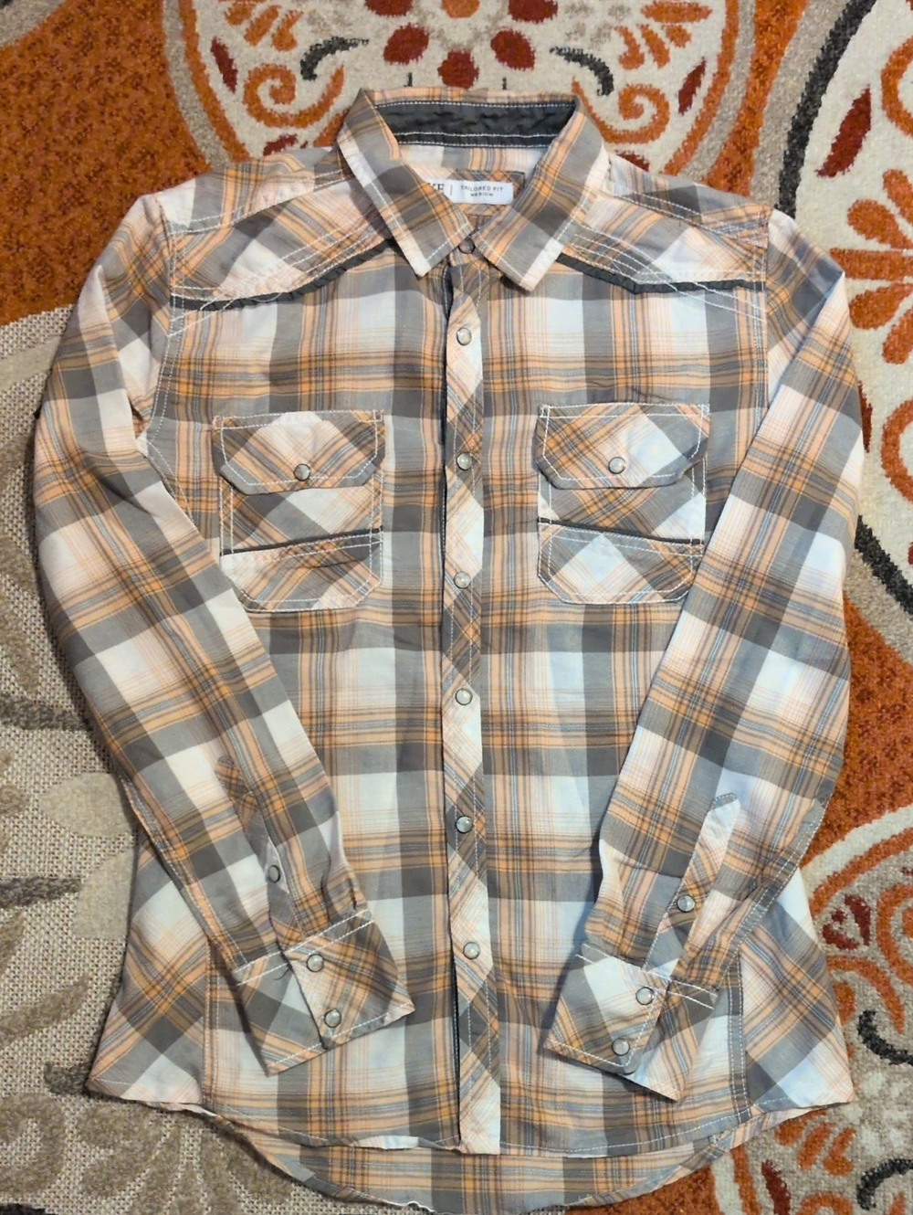 BKE Men’s Orange & Gray Plaid Western-Style Button-Down Shirt
